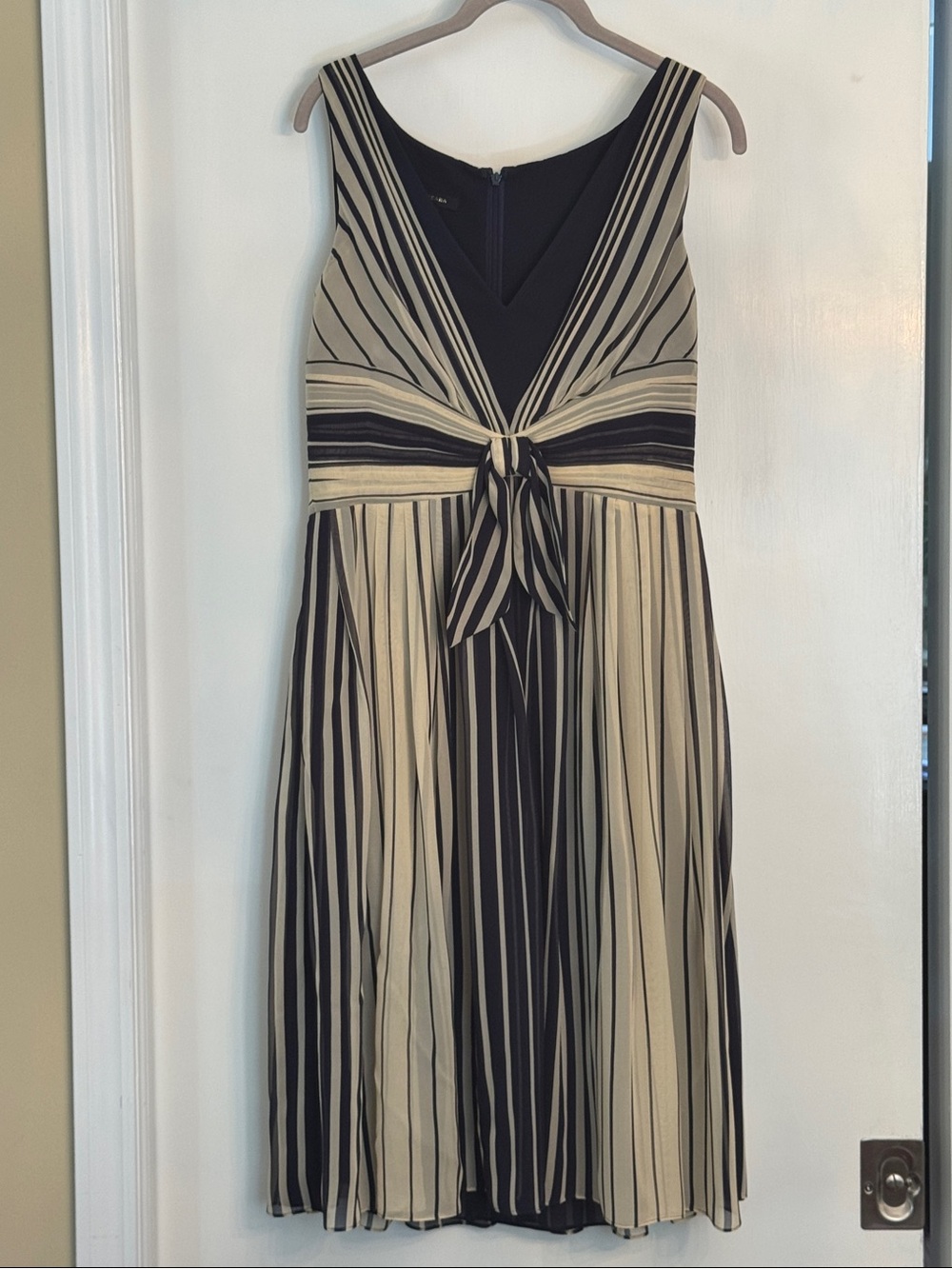 Escada Navy and Cream Striped V-Neck Tie-Front Midi Dress